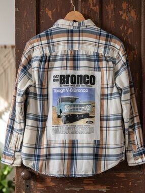 Upcycled Flannel T Shirt Ford Bronco Oversized Boyfriend Top